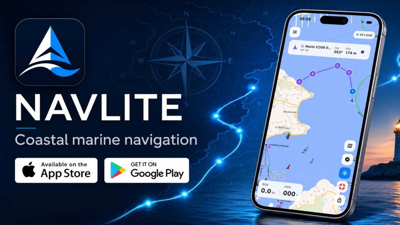 NavLite coastal marine navigation app shown on a smartphone
